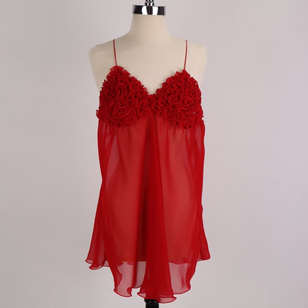 ❄️ Vtg Red Babydoll Nightgown Ruffled Sheer Nightie Lingerie Negligee Dress Slip